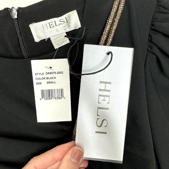 NEW Helsi Josephine Black Gold Crystal Rope Asymmetric Long Sleeve Mini Dress - Picture 7 of 8